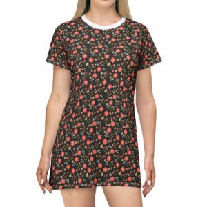 Flower Pattern Black - T-Shirt Dress (AOP) - Image 1