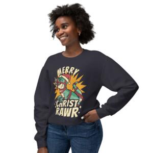Merry Christ Rawr Unisex Lightweight Crewneck Sweatshirt - Image 5