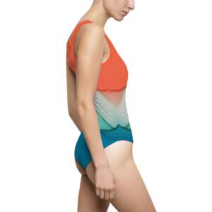 Coral to Teal Abstract Beach Swimwear — Waves Gradient One-Piece Swimsuit - GIFTZ For your loved ones