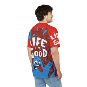 Life Is Good Red Graphic Tee — Playful Mascot Pocket & Sleeve Print - GIFTZ For your loved ones