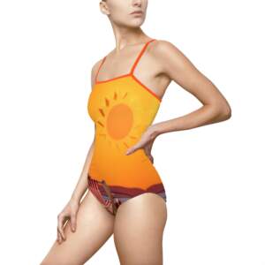 Sunset Beach One-Piece Swimsuit – Orange Sun & Striped Deck Chair Swimwear - GIFTZ For Your Loved Ones