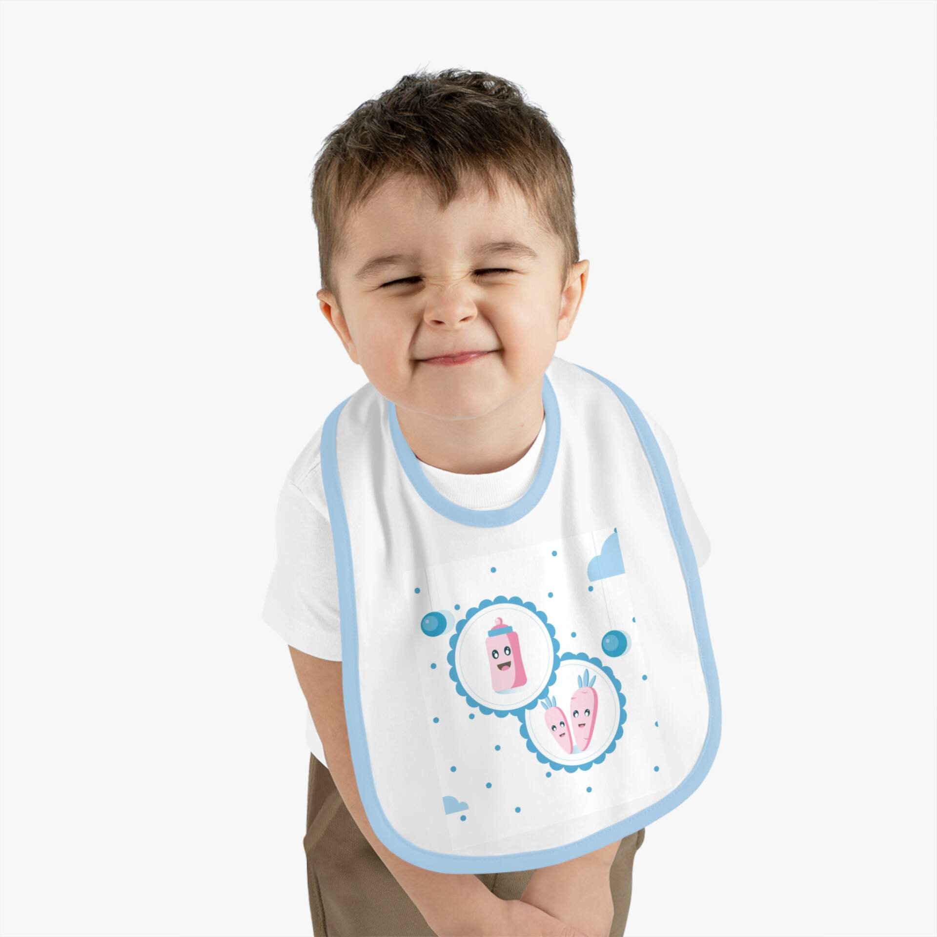 Baby Bib with Cute Bottle & Straw Cartoon — Blue Contrast Trim - GIFTZ For Your Loved Ones