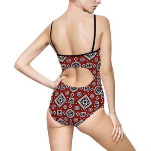 Red Geometric Bandana Print One-Piece Swimsuit — Retro Southwestern Swimwear - GIFTZ For your loved ones