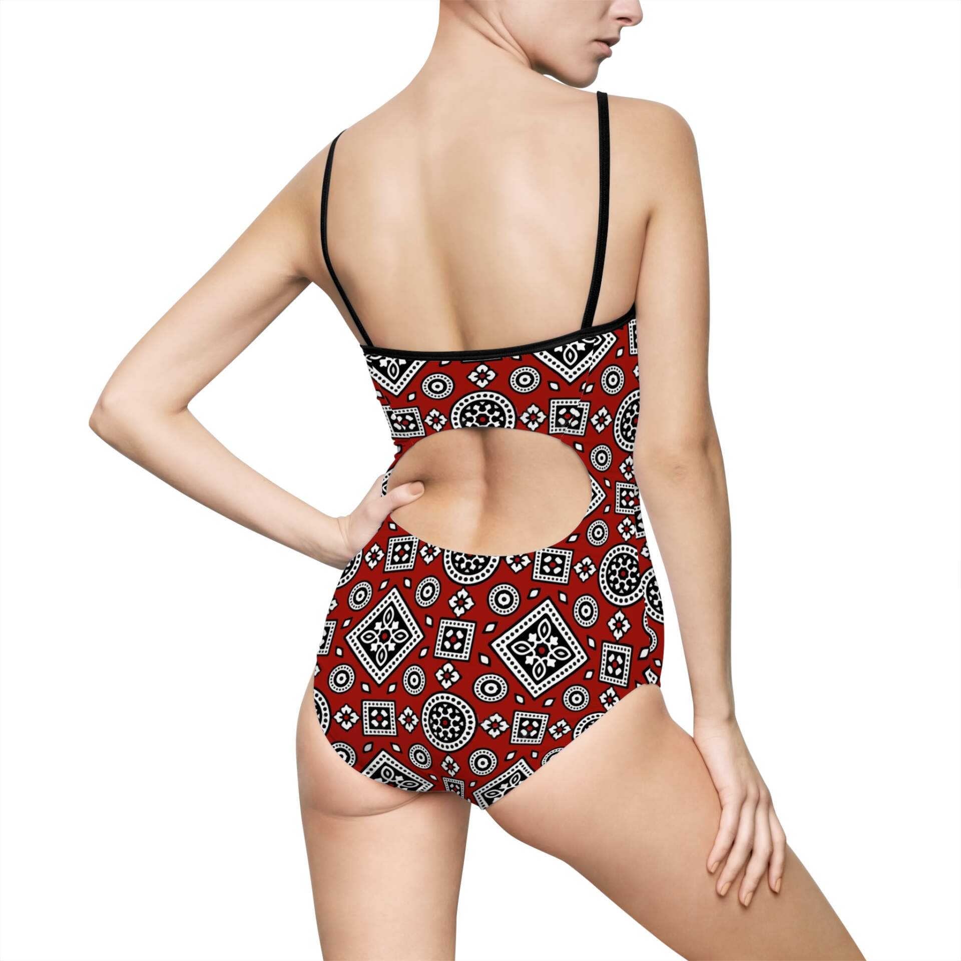 Red Geometric Bandana Print One-Piece Swimsuit — Retro Southwestern Swimwear - GIFTZ For your loved ones