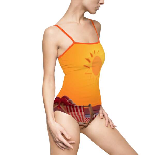 Sunset Beach One-Piece Swimsuit – Orange Sun & Striped Deck Chair Swimwear - GIFTZ For Your Loved Ones