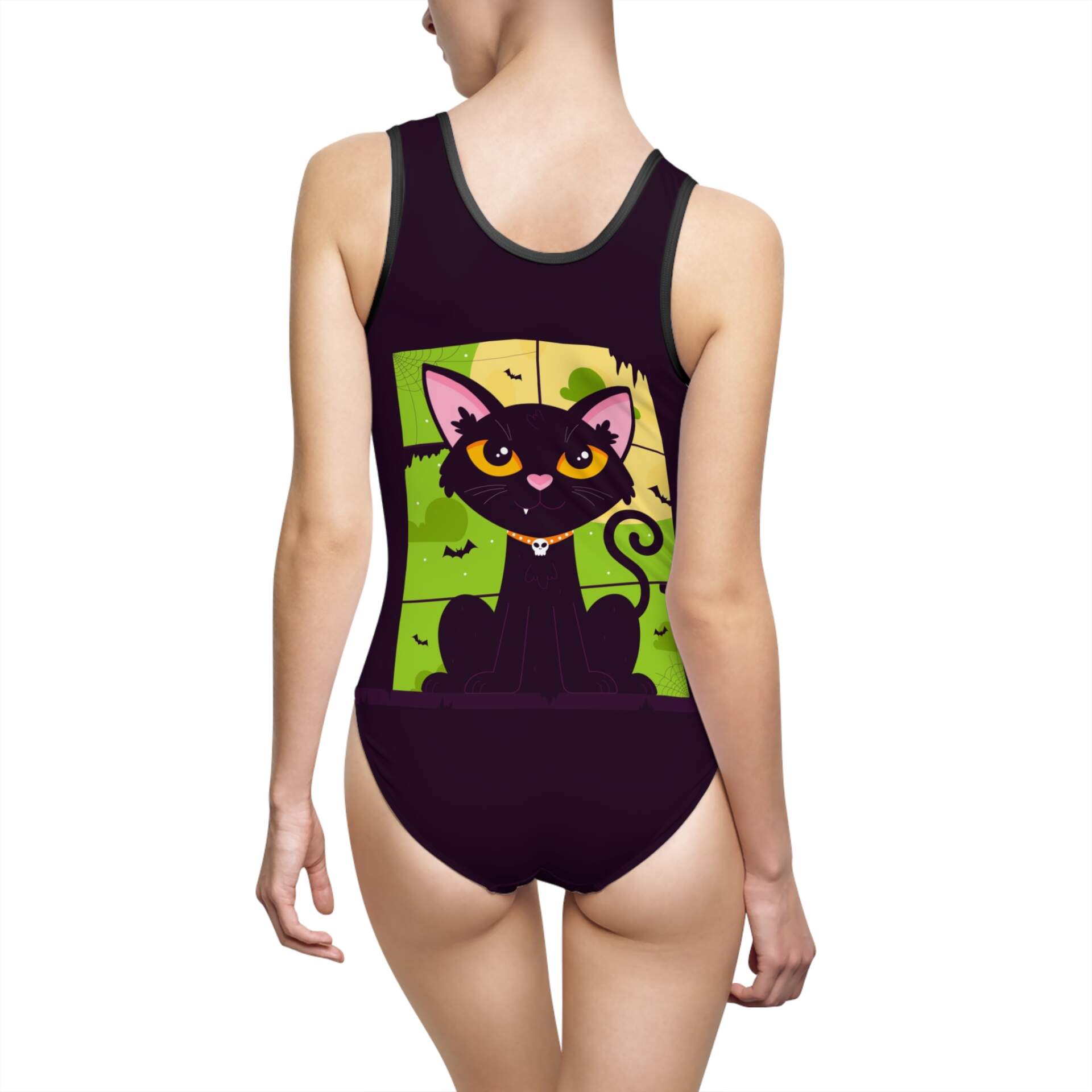 Black Cat Graphic Swimsuit — Cute Halloween One-Piece for Women - GIFTZ For your loved ones