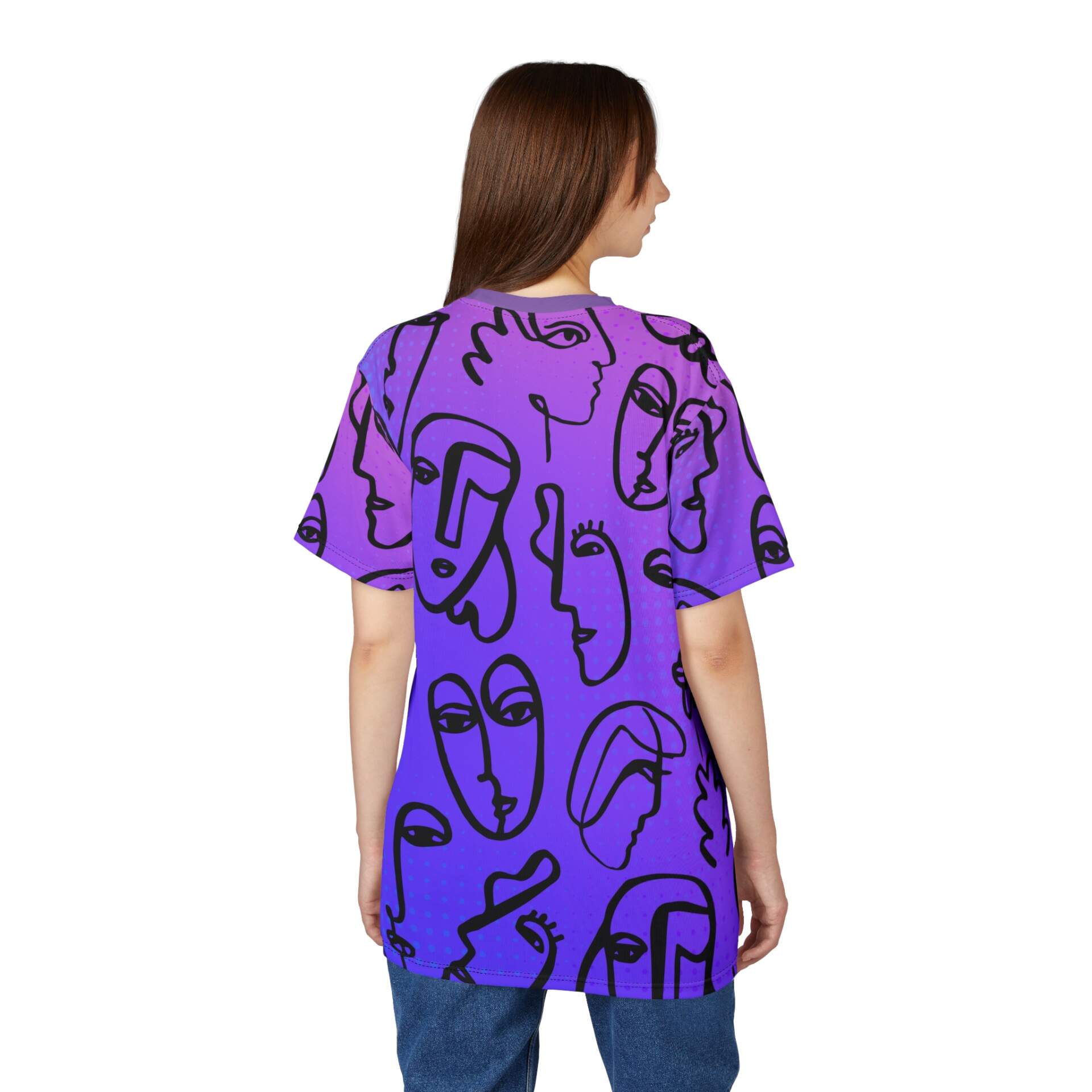 Abstract Faces All-Over Print Tee — Purple Gradient Line Art T-Shirt - GIFTZ For Your Loved Ones