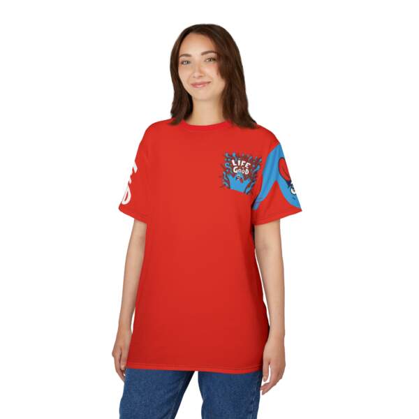 Life Is Good Red Graphic Tee — Playful Mascot Pocket & Sleeve Print - GIFTZ For your loved ones