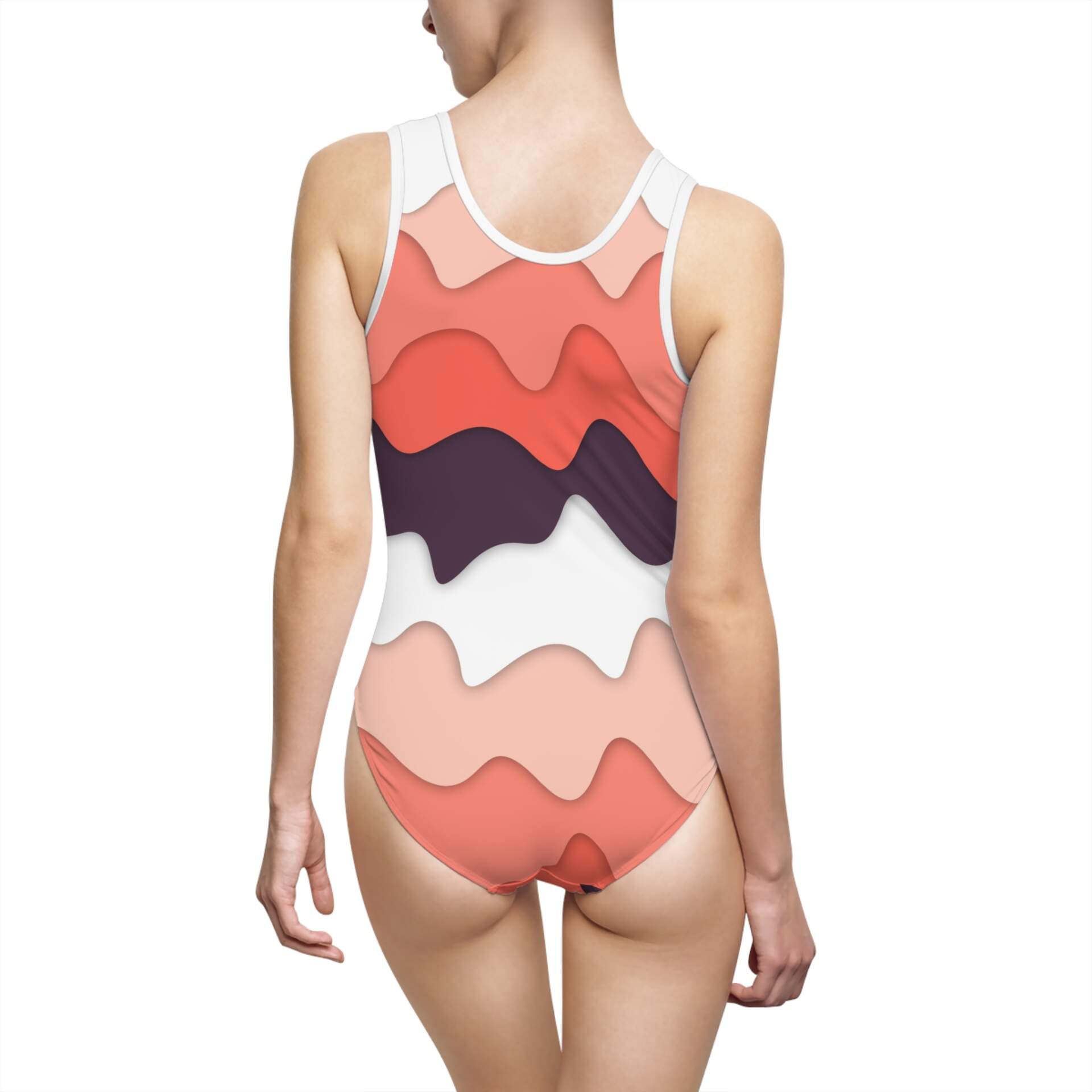 Wavy Coral One-Piece Swimsuit — Retro Layered Stripe Swimwear