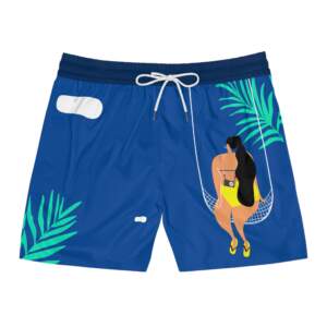 Tropical Hammock Swim Shorts — Women-in-Yellow Illustration on Blue - GIFTZ For Your Loved Ones