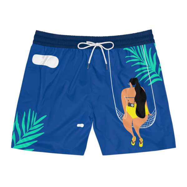 Tropical Hammock Swim Shorts — Women-in-Yellow Illustration on Blue - GIFTZ For Your Loved Ones
