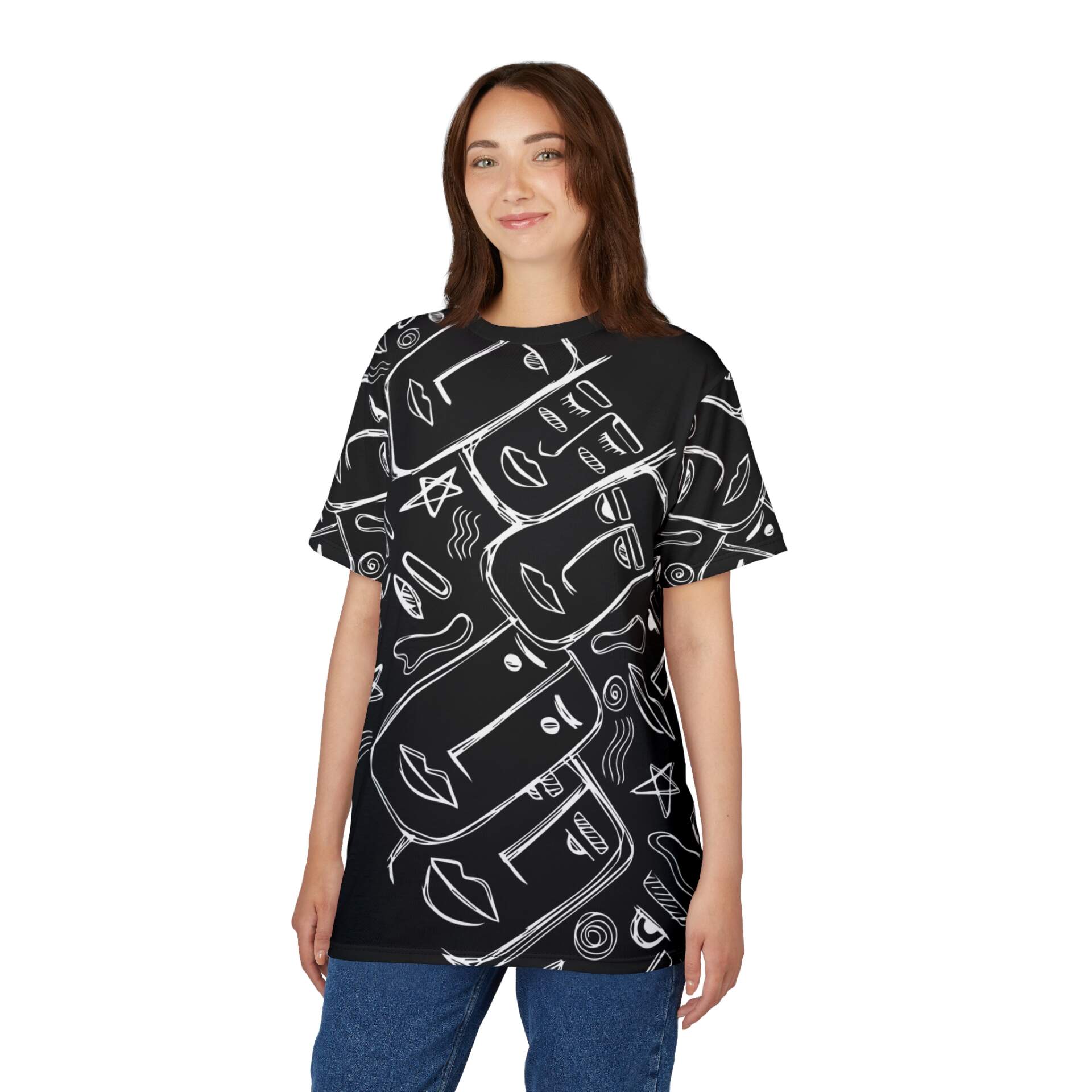Abstract Faces All-Over Print Tee — Black & White Minimalist Art Shirt - GIFTZ For Your Loved Ones