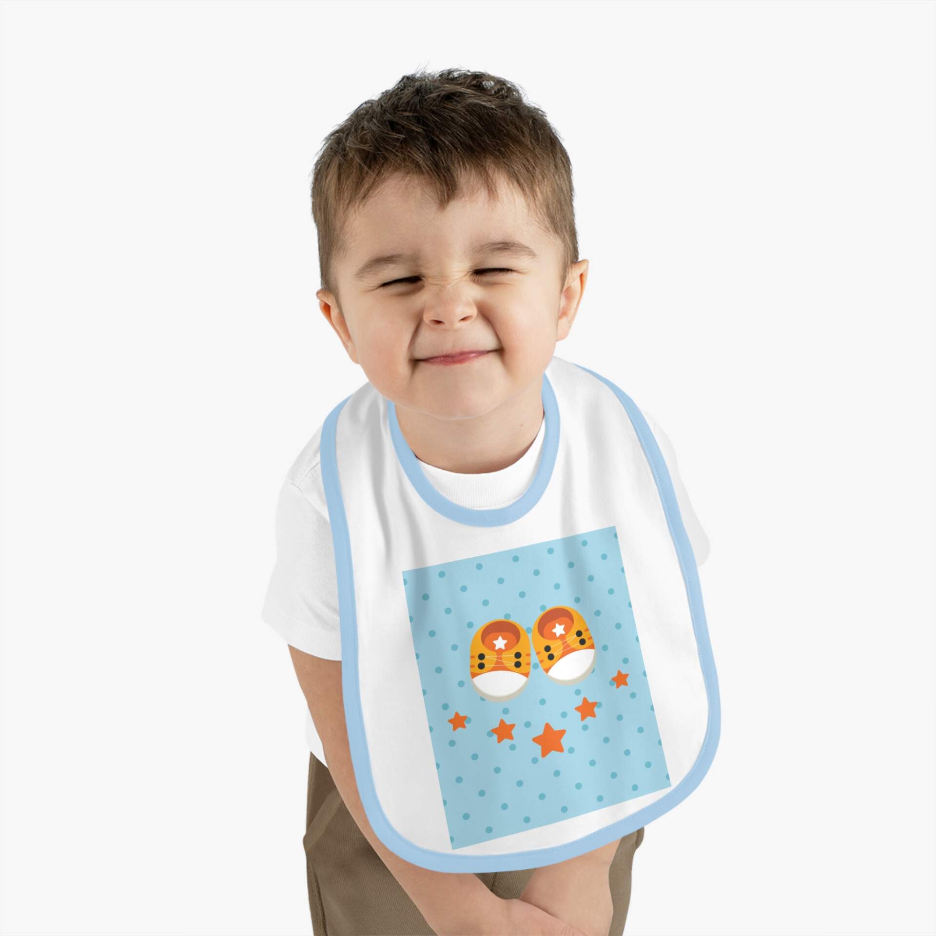 Baby Bib with Cute Fox Booties Design — Blue Contrast Trim Infant Feeding Bib - GIFTZ For Your Loved Ones