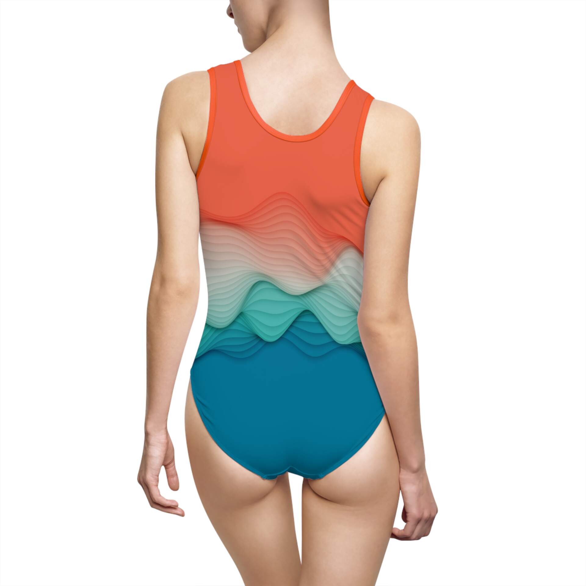 Coral to Teal Abstract Beach Swimwear — Waves Gradient One-Piece Swimsuit - GIFTZ For your loved ones