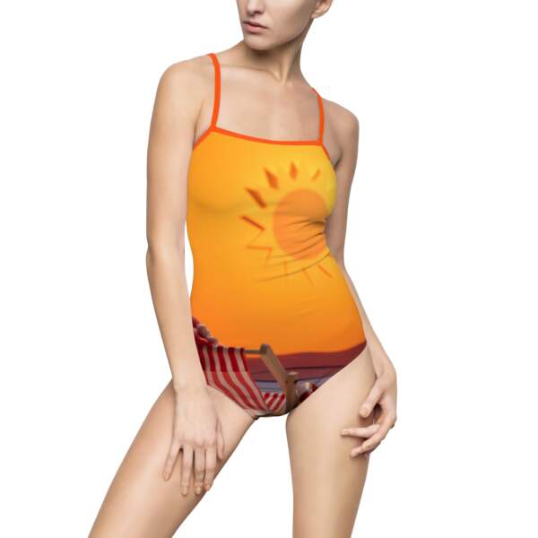 Sunset Beach One-Piece Swimsuit – Orange Sun & Striped Deck Chair Swimwear - GIFTZ For Your Loved Ones