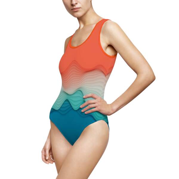 Coral to Teal Abstract Beach Swimwear — Waves Gradient One-Piece Swimsuit - GIFTZ For your loved ones