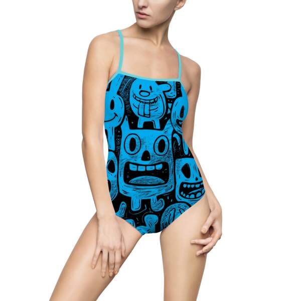 14910710552221001829_2048.jpeg Blue Doodle Faces One-Piece Swimsuit — Graphic Tribal Cartoon Swimwear - GIFTZ For Your Loved Ones