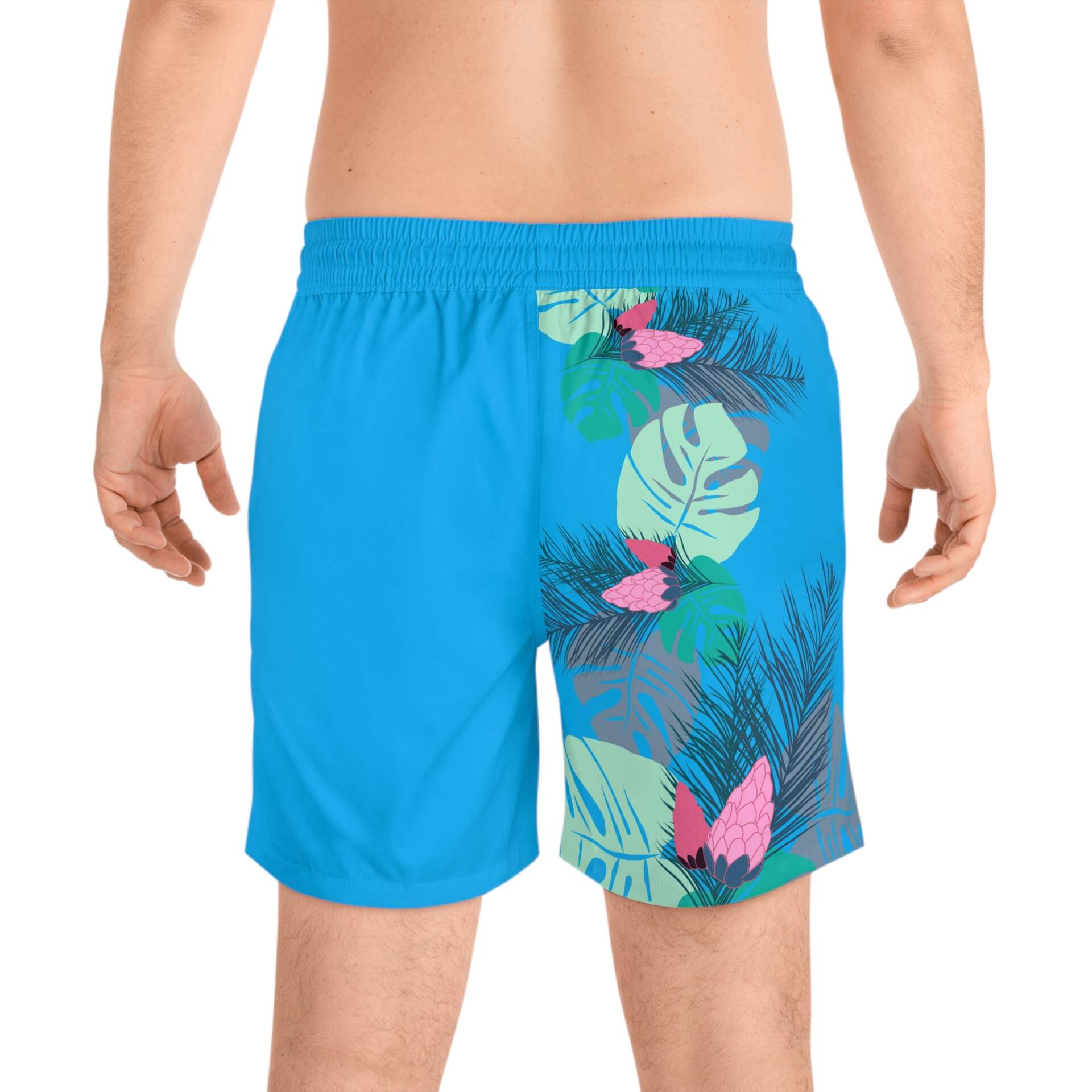 Tropical Blue Swim Shorts — Floral Monstera & Palm Beach Trunks - GIFTZ For Your Loved Ones