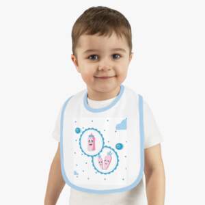 Baby Bib with Cute Bottle & Straw Cartoon — Blue Contrast Trim - GIFTZ For Your Loved Ones