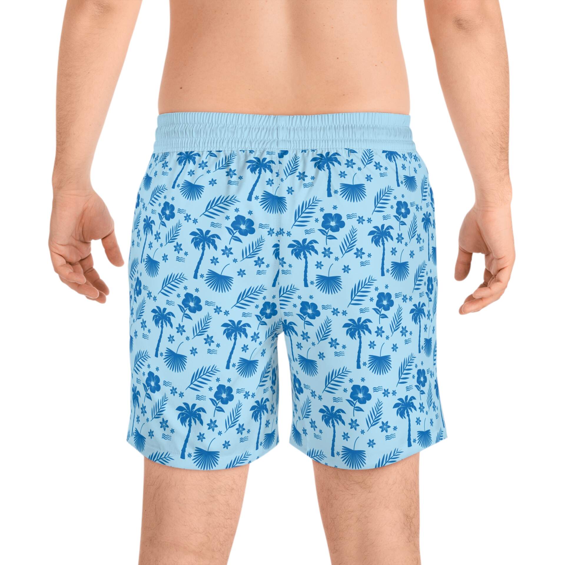 Men's Tropical Palm Swim Shorts — Light Blue Flamingo & Hibiscus Print - GIFTZ For Your Loved Ones