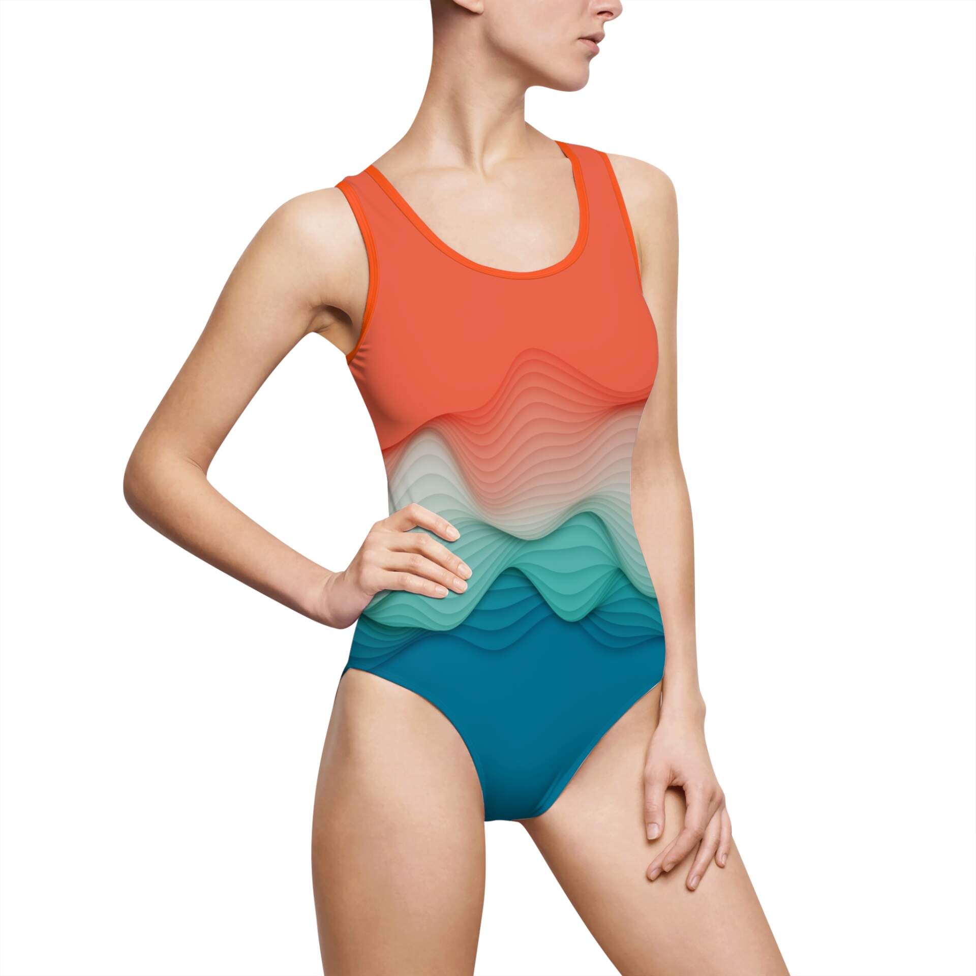 Coral to Teal Abstract Beach Swimwear — Waves Gradient One-Piece Swimsuit - GIFTZ For your loved ones