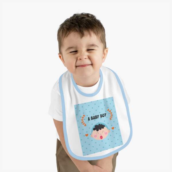 Baby Boy Bib – Blue Contrast Trim Jersey Baby Bib with "A Baby Boy" Cute Face Design - GIFTZ For Your Loved Ones