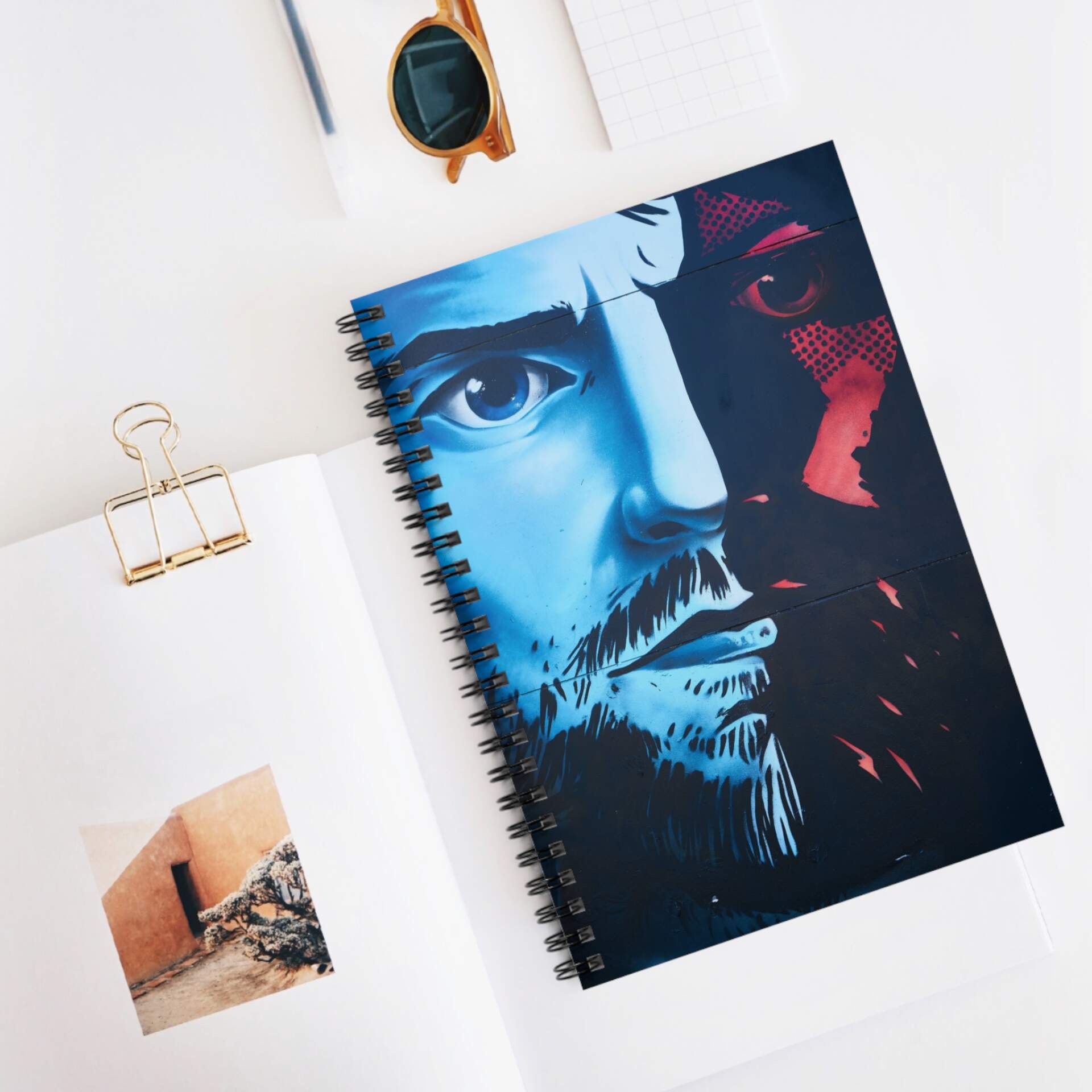 Portrait Art Spiral Notebook — Blue & Red Dual-Tone Face, Ruled Journal for Artists & Writers - GIFTZ For Your Loved Ones