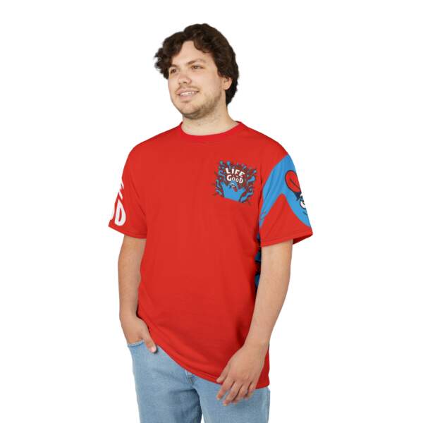 Life Is Good Red Graphic Tee — Playful Mascot Pocket & Sleeve Print - GIFTZ For your loved ones
