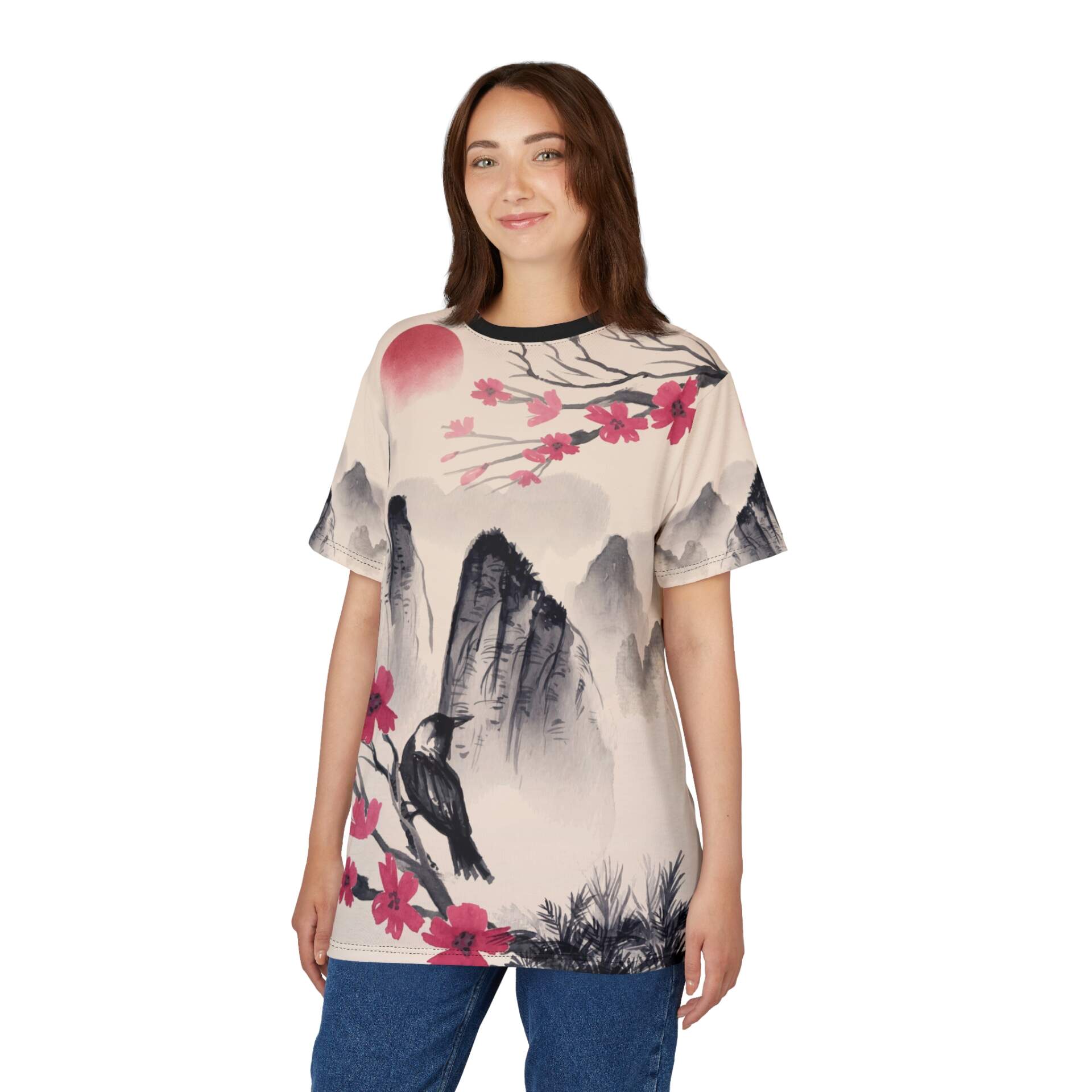 Cherry Blossom Sumi-E Tee — Japanese Ink Landscape All-Over Print - GIFTZ For Your Loved Ones