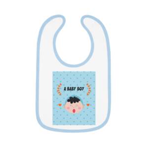 Baby Boy Bib – Blue Contrast Trim Jersey Baby Bib with "A Baby Boy" Cute Face Design - GIFTZ For Your Loved Ones
