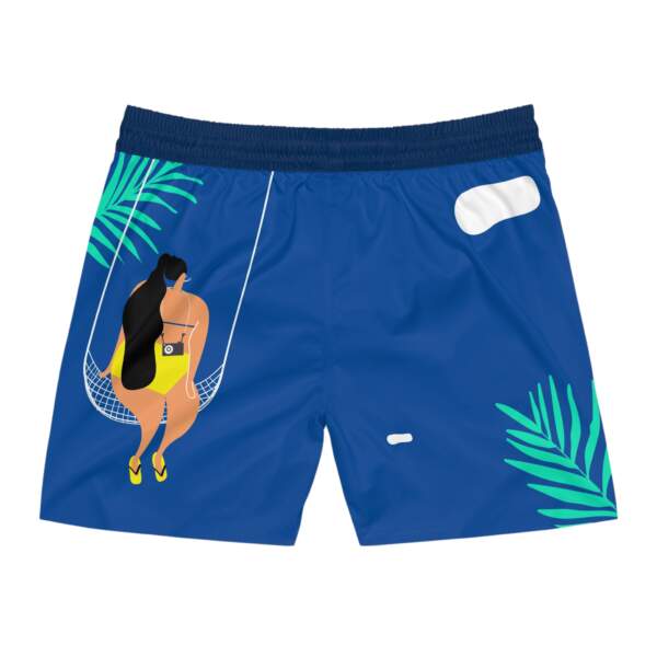 Tropical Hammock Swim Shorts — Women-in-Yellow Illustration on Blue - GIFTZ For Your Loved Ones