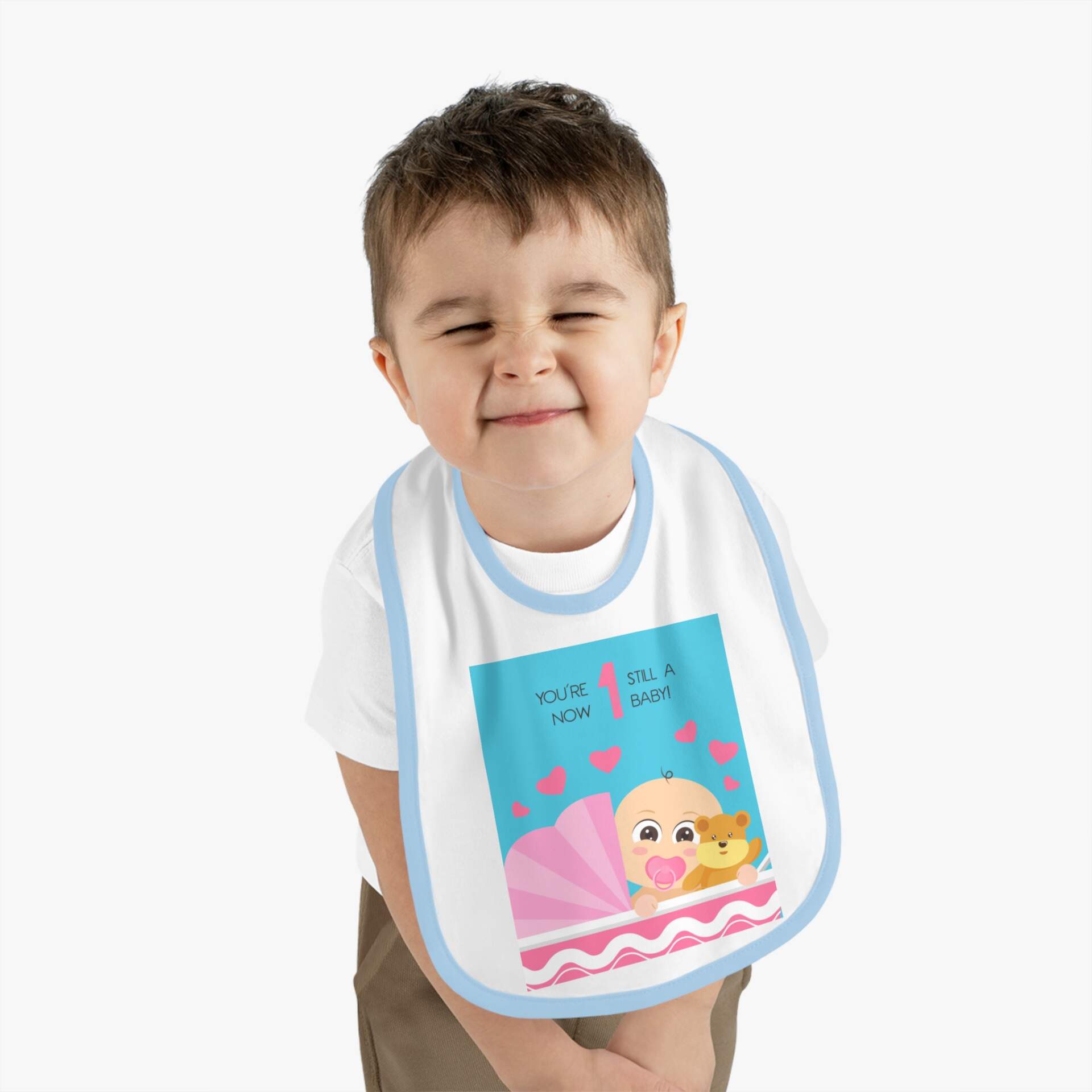 Baby Bib - "You're Now 1 Still A Baby" First Birthday Cute Pacifier & Teddy Design - GIFTZ For Your Loved Ones