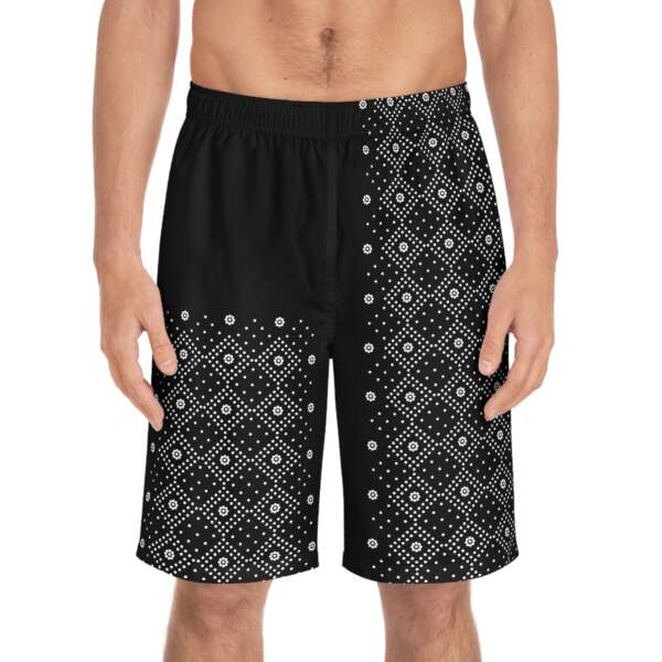 3262785003464402767_2048.jpeg Men's Black Bandana Pattern Board Shorts — Geometric Beach Swim Trunks - GIFTZ For Your Loved Ones
