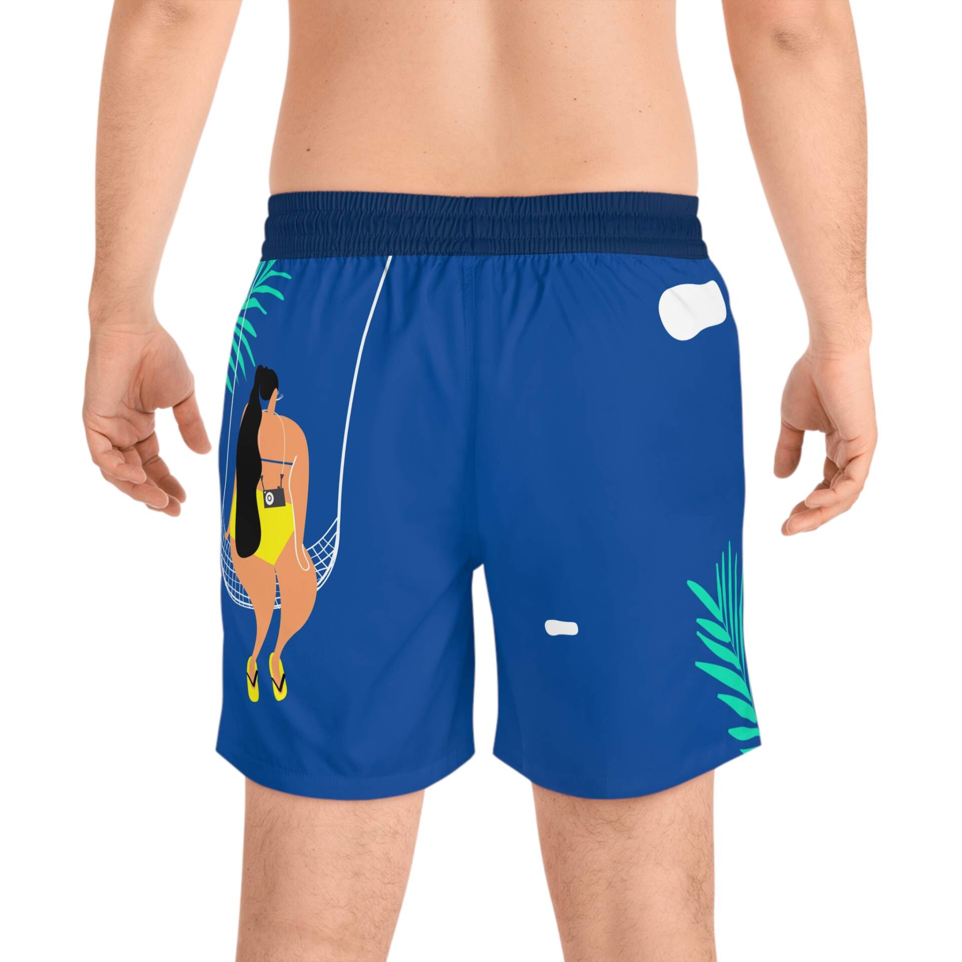 Tropical Hammock Swim Shorts — Women-in-Yellow Illustration on Blue - GIFTZ For Your Loved Ones