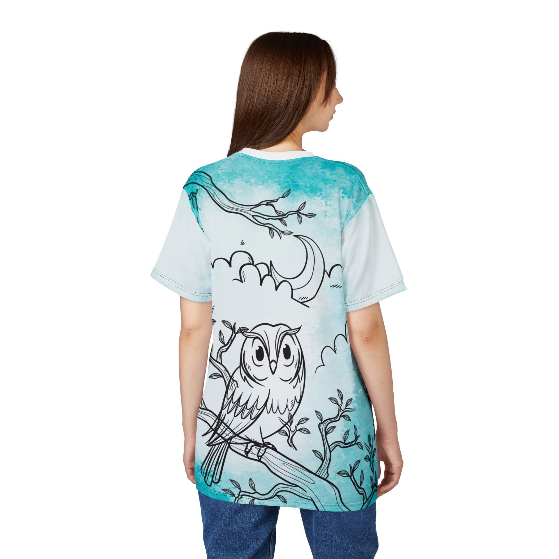 Aqua Night Owl Tee — Hand-Drawn Owl All-Over Print T-Shirt - GIFTZ For your loved ones