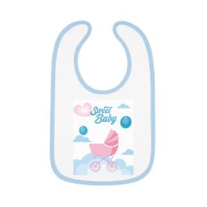Baby Bib – "Sweet Baby" Pink Stroller Blue Trim Newborn Feeding Bib - GIFTZ For Your Loved Ones