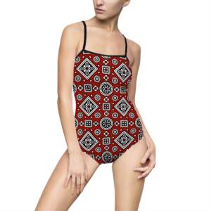 Red Geometric Bandana Print One-Piece Swimsuit — Retro Southwestern Swimwear - GIFTZ For your loved ones