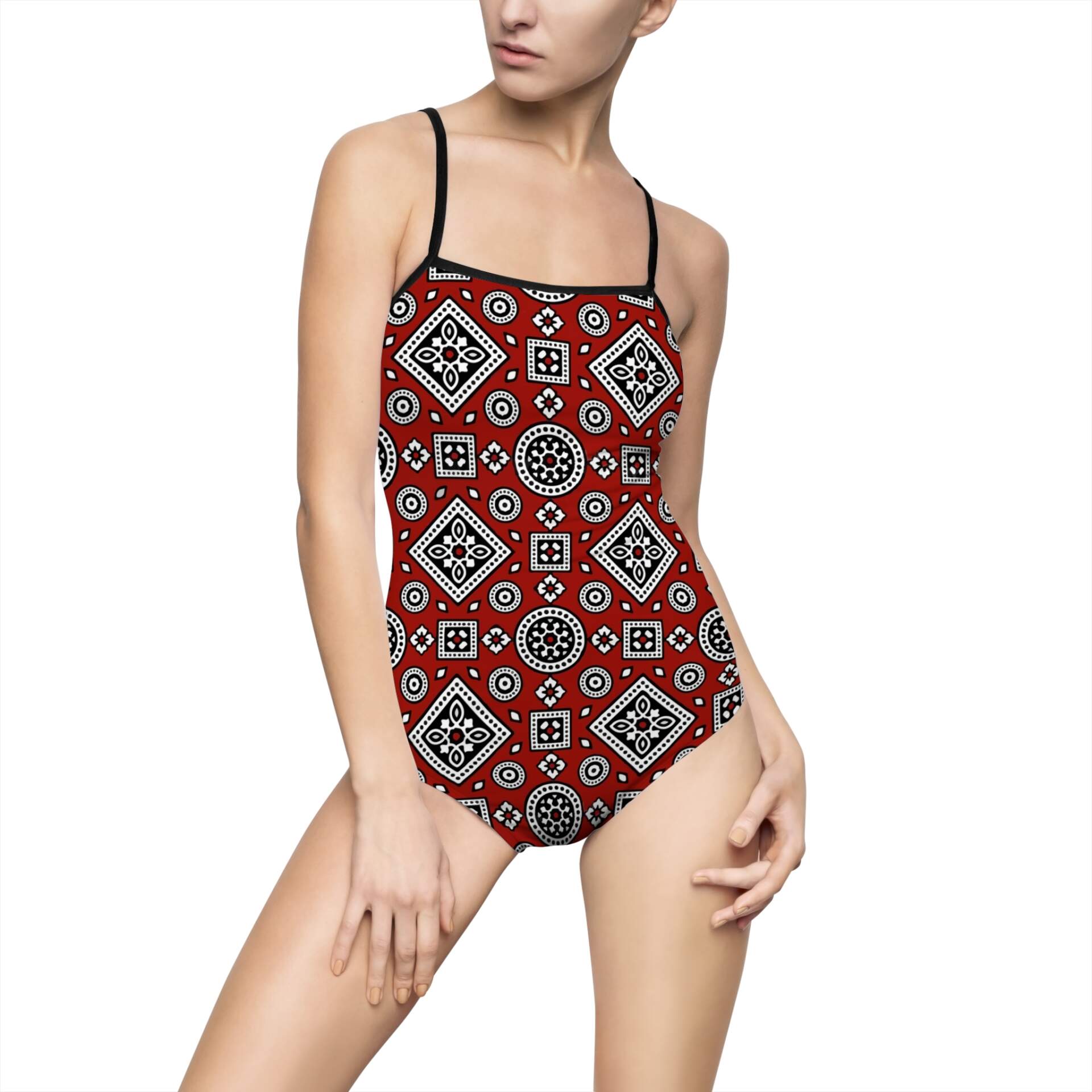 Red Geometric Bandana Print One-Piece Swimsuit — Retro Southwestern Swimwear - GIFTZ For your loved ones