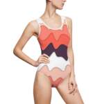 Wavy Coral One-Piece Swimsuit — Retro Layered Stripe Swimwear
