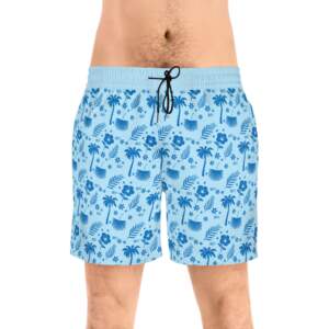 Men's Tropical Palm Swim Shorts — Light Blue Flamingo & Hibiscus Print - GIFTZ For Your Loved Ones