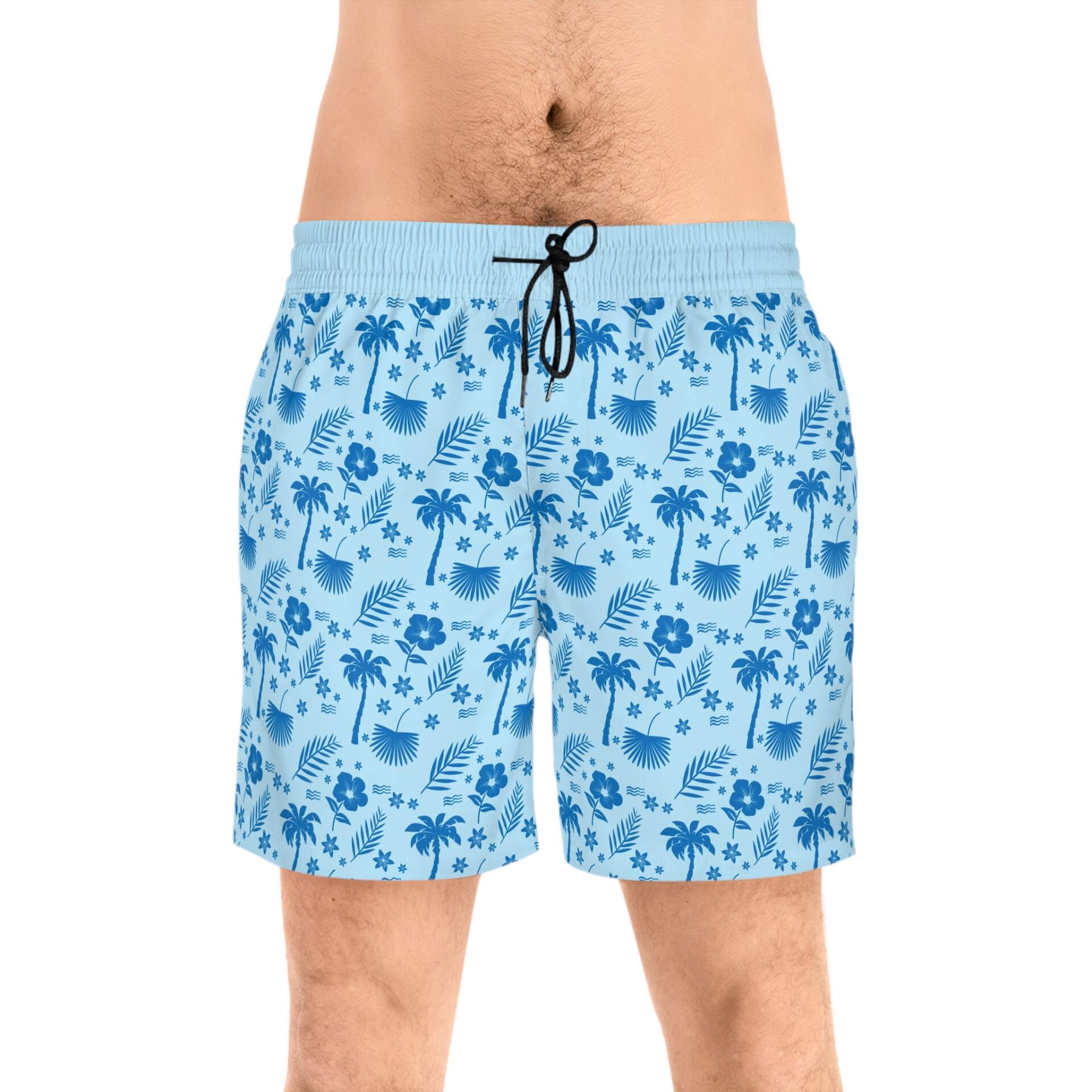 Men's Tropical Palm Swim Shorts — Light Blue Flamingo & Hibiscus Print - GIFTZ For Your Loved Ones