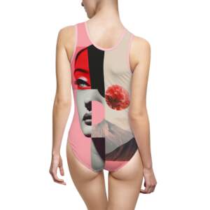 Surreal Collage Women’s One-Piece Swimsuit — Red Face & Mountain Art Print - GIFTZ For your loved ones