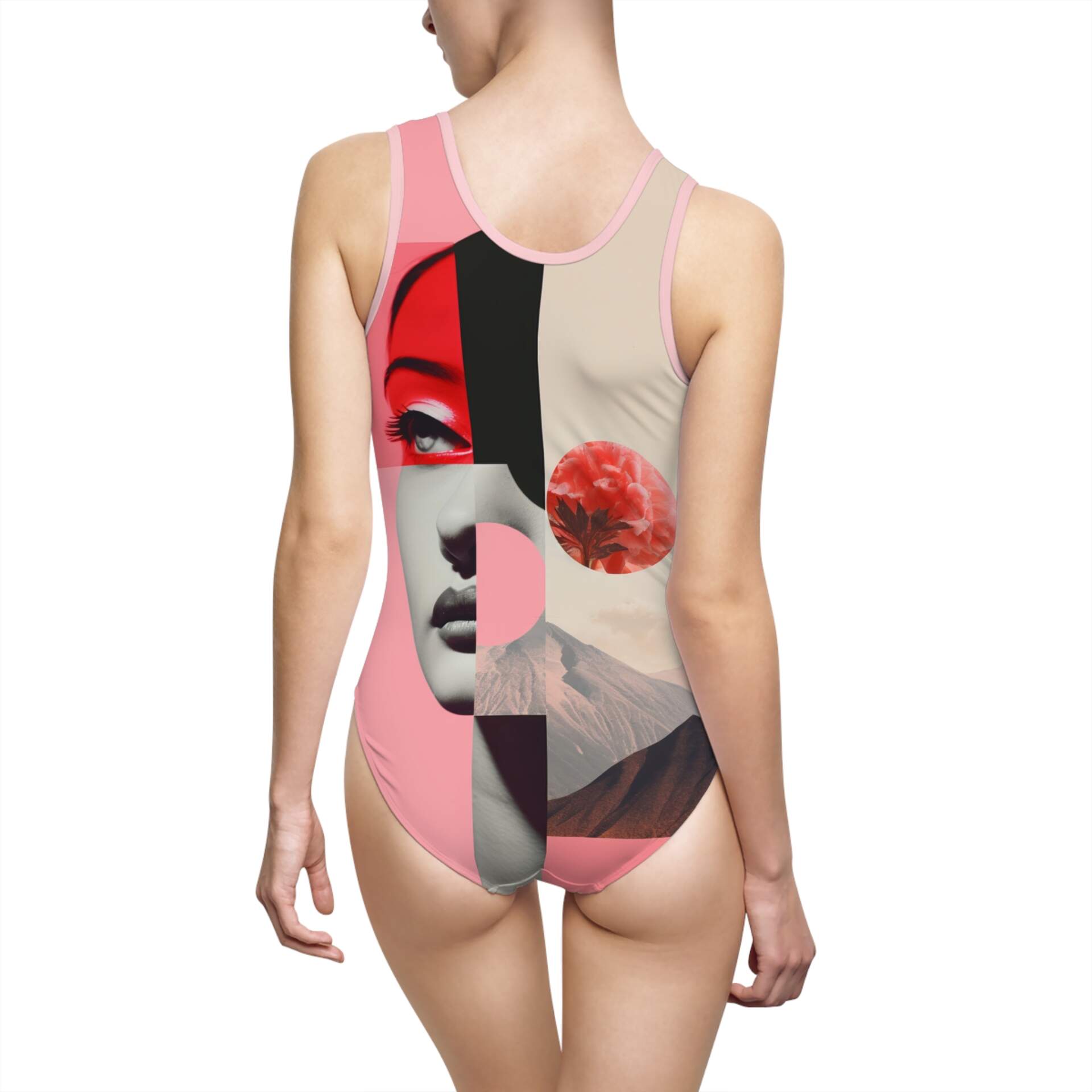 Surreal Collage Women’s One-Piece Swimsuit — Red Face & Mountain Art Print - GIFTZ For your loved ones