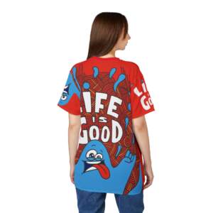 Life Is Good Red Graphic Tee — Playful Mascot Pocket & Sleeve Print - GIFTZ For your loved ones