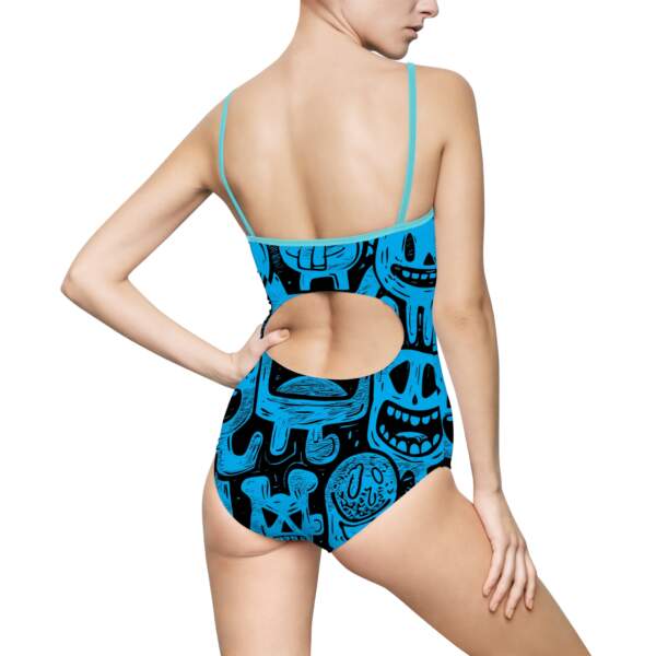Blue Doodle Faces One-Piece Swimsuit — Graphic Tribal Cartoon Swimwear - GIFTZ For Your Loved Ones