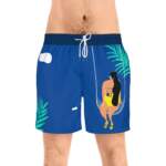 Tropical Hammock Swim Shorts — Women-in-Yellow Illustration on Blue - GIFTZ For Your Loved Ones
