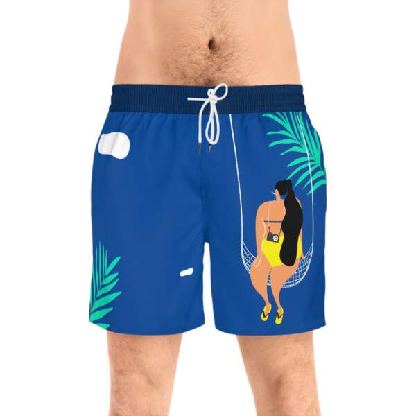 Tropical Hammock Swim Shorts — Women-in-Yellow Illustration on Blue - GIFTZ For Your Loved Ones