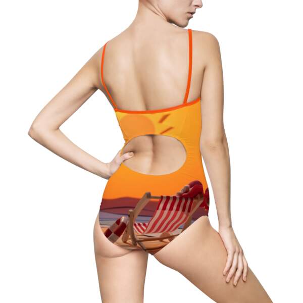 Sunset Beach One-Piece Swimsuit – Orange Sun & Striped Deck Chair Swimwear - GIFTZ For Your Loved Ones